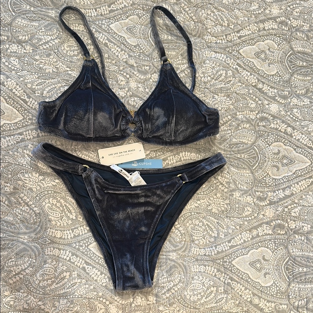 Velvet Shimmery blue-gray Triangle Bikini Set - Picture 3 of 7